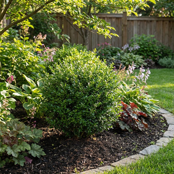 Hell gestaltetes Gartenbeet mit rundem Buchsbaum, dunklem Rindenmulch, Stauden und einer Beeteinfassung aus Naturstein.