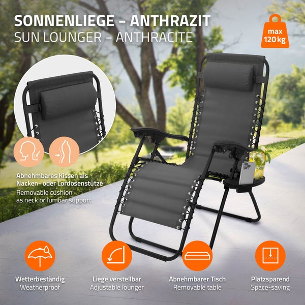 ML-Design Sonnenliege klappbar Anthrazit, Liegestuhl mit verstellbarem Kopfpolster Rückenlehne, Gartenliege wetterfest mit Schnürsystem, Zero Gravity Outdoor Relaxliege, Gartenstuhl mit Getränkehalter
