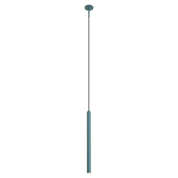 Minimalistische Pendelleuchte mit schlankem, zylindrischem Schirm und runder Deckenhalterung.