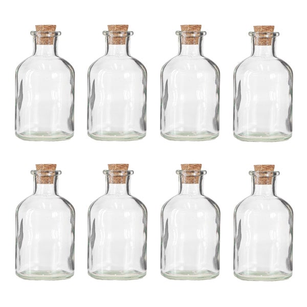 Set aus 8 klaren Glasflaschen mit Korkverschluss.