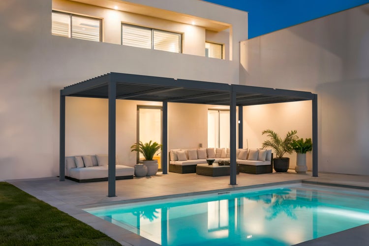 Pergola bioklimatisch aus graue Aluminium SANTA 6x3m - elektrisch verstellbares Lamellendach