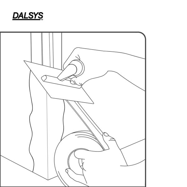 DALSYS Logo. Zeichnung zur Anwendung von Fugenband an einer Ecke mit einem Spachtel.
