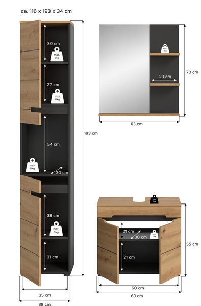 Badezimmermöbel-Set circa 116 mal 193 mal 34 Zentimeter mit Hochschrank, Spiegelregal und Waschbeckenunterschrank inklusive Maßangaben und Belastbarkeit.