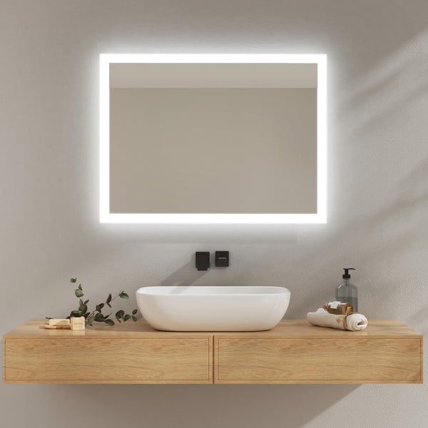 EMKE Badspiegel mit Beleuchtung, 80x60cm, Kaltweißes/Warmweißes Licht, Knopfschalter, Beschlagfrei