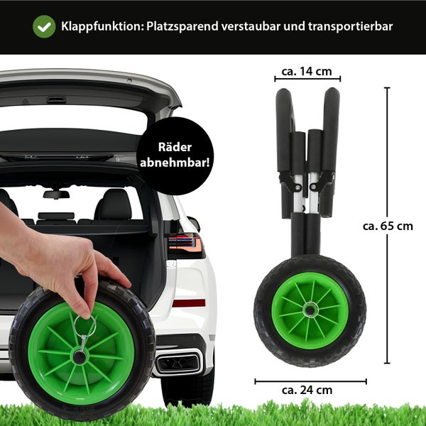 Faltbare Transportkarre mit abnehmbaren Rädern, platzsparend im Kofferraum verstaubar, Maße circa 65 mal 24 mal 14 Zentimeter.