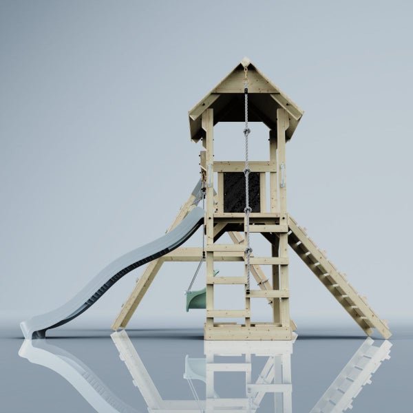 Spielturm aus Holz mit Rutsche, Schaukel und Kletterleiter für den Garten