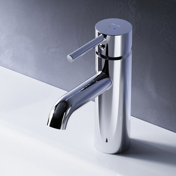 Moderne Einhebel Waschtischarmatur in glänzender Optik mit AM PM Logo auf dem Griff zur präzisen Steuerung von Wassertemperatur und Durchfluss.