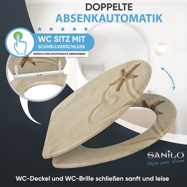Sanilo WC-Sitz mit Sand- und Seestern-Motiv, doppelter Absenkautomatik und Schnellverschluss zum einfachen Abnehmen per Knopfdruck. Sanilo Logo.
