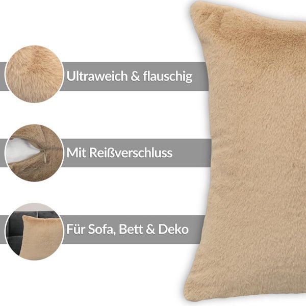 Weiches Dekokissen aus Kunstfell mit Reißverschluss, Details zur flauschigen Textur und Verwendung für Sofa, Bett oder Dekoration.