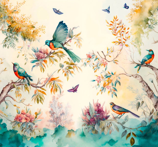 Illustration mit Vögeln, Schmetterlingen und Ästen