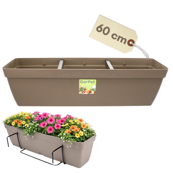 Brauner Blumenkasten, 60 Zentimeter, mit Pflanzen und Halterung