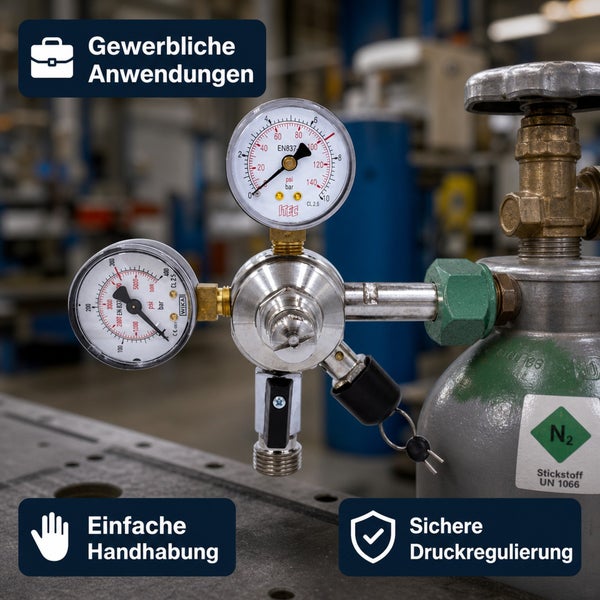 Druckminderer für Stickstoffflasche mit zwei Manometern für gewerbliche Anwendungen mit einfacher Handhabung und sicherer Druckregulierung.