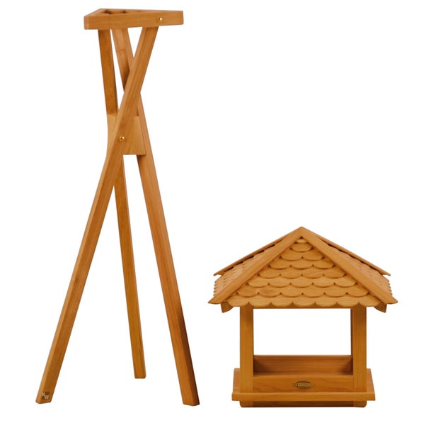 Teak Vogelfutterhaus mit Standfuß als wetterfeste Futterstation premium