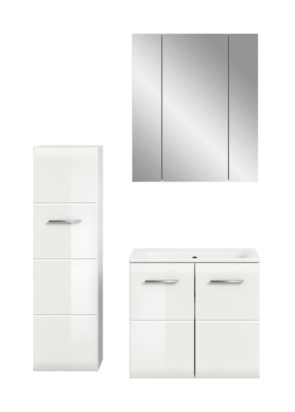 Dreiteiliges Badmöbel-Set bestehend aus Hochschrank, Spiegelschrank und Waschtischunterschrank mit Waschbecken in Weiß Hochglanz.