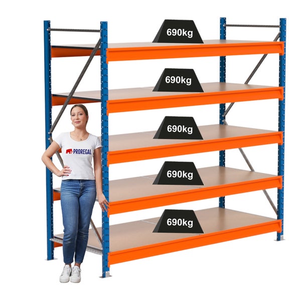 Lagerregal mit fünf Regalböden und einer maximalen Traglast von 690 Kilogramm pro Ebene