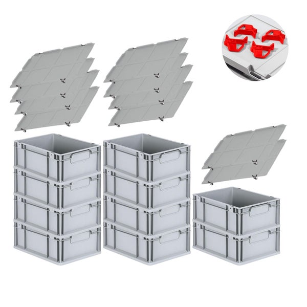 PROREGAL Spar Set 10x Eurobox Nextgen Economy Mit Auflagedeckel & 4x Schiebeschnappverschlüsse Rot Griffe Geschlossen HxBxT 17 x 30 x 40 cm 16 Liter