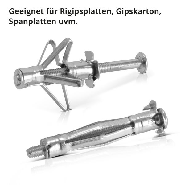 Zwei Hohlraumdübel aus Metall für Gipskarton und Spanplatten, einer davon im gespreizten Zustand.