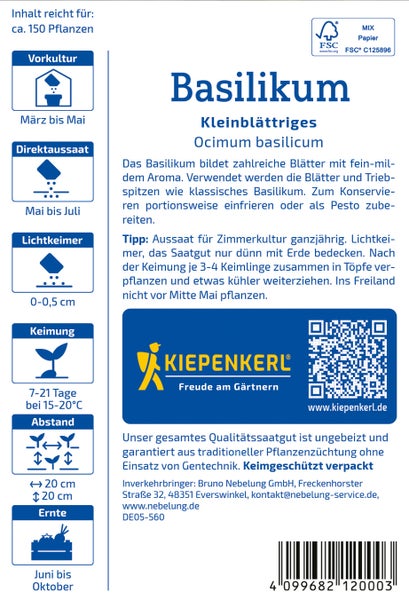 Saatguttüte für kleinblättriges Basilikum mit Informationen zu Aussaat, Keimdauer und Ernte von Kiepenkerl.