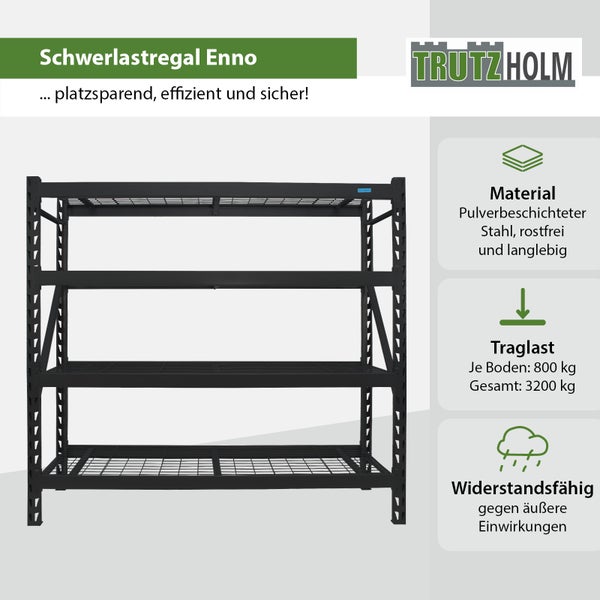 Schwerlastregal Enno mit vier Ebenen aus pulverbeschichtetem, rostfreiem Stahl für hohe Traglast