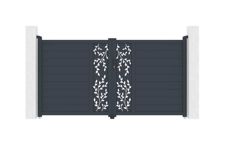 Zweiflügeliges Einfahrtstor aus Aluminium mit horizontalen Lamellen und dekorativem Blättermuster.