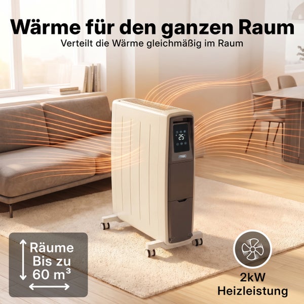 Dimplex Konvektor Heizgerät im Wohnzimmer mit zwei Kilowatt Heizleistung für Räume bis zu sechzig Kubikmeter mit digitaler Anzeige.