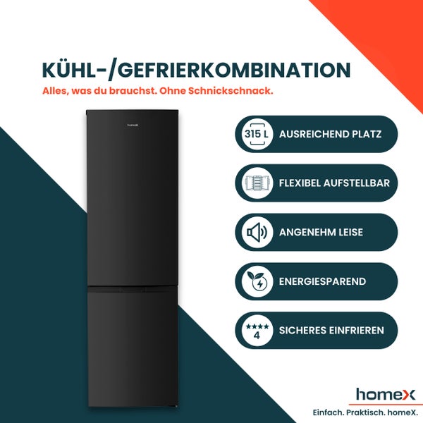 homeX Kühlschrank mit Gefrierfach Kühl-Gefrierkombination freistehend groß 315 Liter Super-Frost-Funktion schwarz