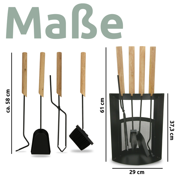 holz4home 6tlg. Kaminbesteck Schwarz mit Holzgriff inkl. Ofenhandschuh