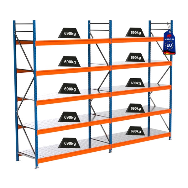 Stahlregal mit fünf Ebenen und einer Traglast von 690 Kilogramm pro Ebene sowie dem Made in EU Siegel