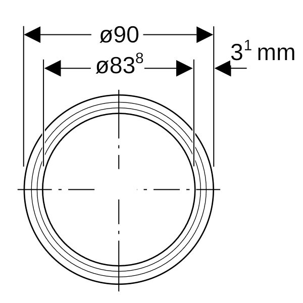 Maßzeichnung eines runden Produkts mit Außendurchmesser 90 Millimeter, Innendurchmesser 83,8 Millimeter und Wandstärke 3,1 Millimeter.