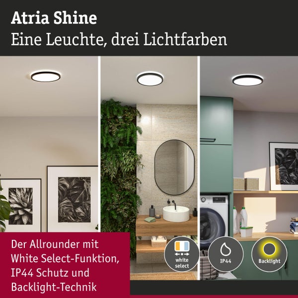 Atria Shine LED-Deckenleuchte in verschiedenen Wohnräumen mit einstellbarer Lichtfarbe, IP44-Schutz und Backlight-Technik.