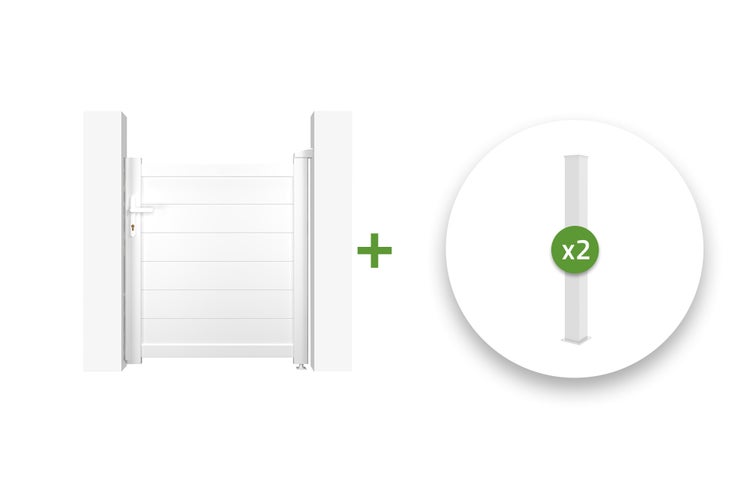 Weißes Gartentor mit horizontalen Paneelen inklusive zwei Pfosten.