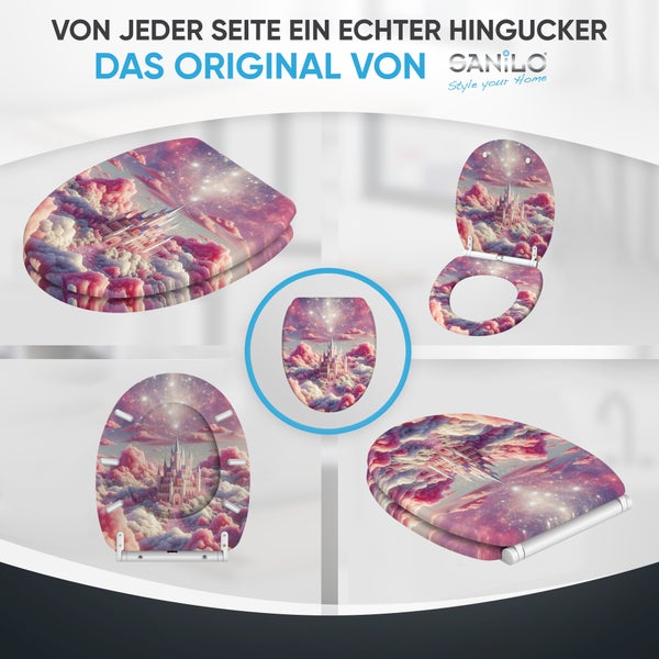 Sanilo WC Sitz mit Motiv Schloss in den Wolken in verschiedenen Ansichten.