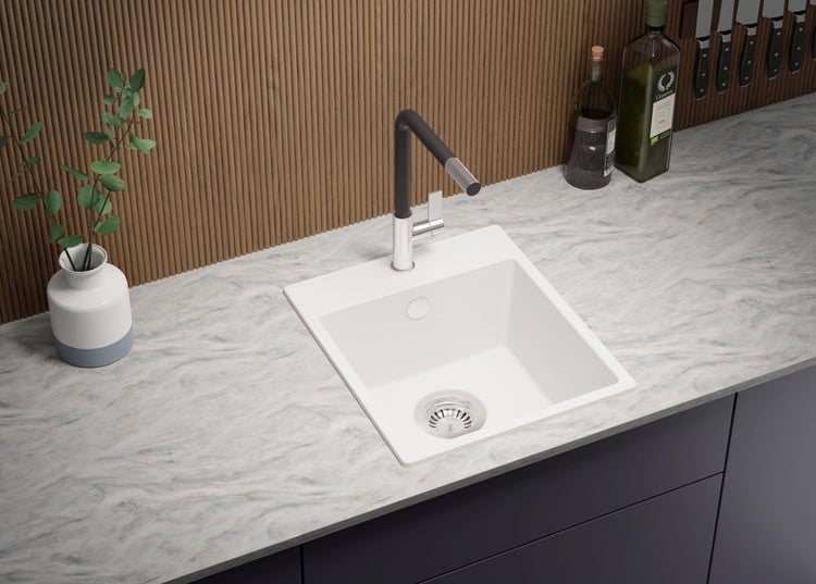 PRIMAGRAN Spülbecken Weiß 38x44cm, Granitspüle 1 Becken + Ablauf-Set, Küchenspüle ab 40er Unterschrank - Riga Easy