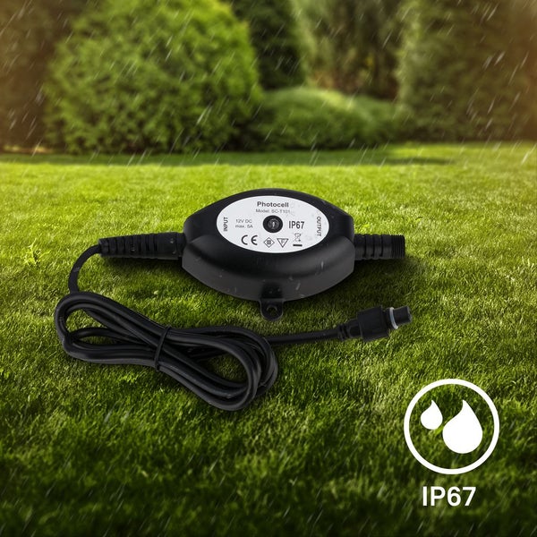 Dämmerungsschalter SC-T101 für den Außenbereich auf Rasen im Regen, Schutzart IP67 bedeutet staub- und wasserdicht, 12 Volt, maximal 5 Ampere.