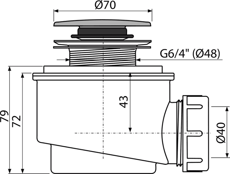 Maßzeichnung für Ablauf mit Deckeldurchmesser 70 Millimeter, Anschlussgewinde G6/4 Zoll und Ablaufbogen mit Durchmesser 40 Millimeter.
