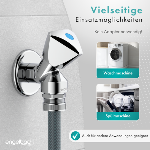 Engelbach® Universal Geräteventil selbstdichtend - für Waschmaschine, Spülmaschine & Co. - Geräteanschlussventil (Geräteschrägsitzventil) mit Rückflussverhinderer & Rohrbelüfter