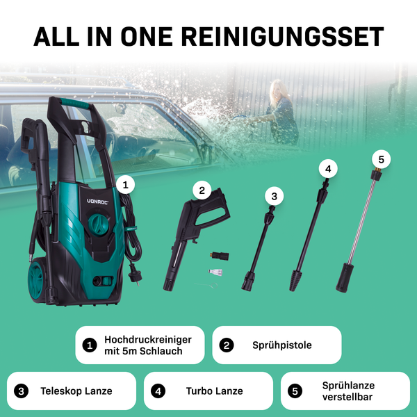 VONROC Hochdruckreiniger 110bar - Fassadenreiniger für einfache Reinigungsarbeiten [1400W] - Durchfluss [390 l/h], Reinigungstank, Aluminium Pumpe - inkl. Terassenreiniger