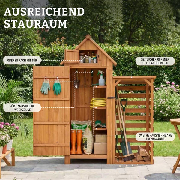 Holz-Geräteschrank mit Satteldach, verschiedenen Staufächern, Regalböden und seitlichem Unterstand für Gartengeräte und Zubehör.