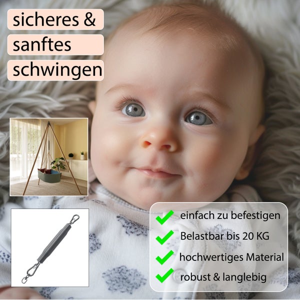 Babywiege Federhalterung für sicheres Schwingen, belastbar bis 20 Kilogramm mit langlebigem Federelement für einfaches Befestigen an der Wiege.