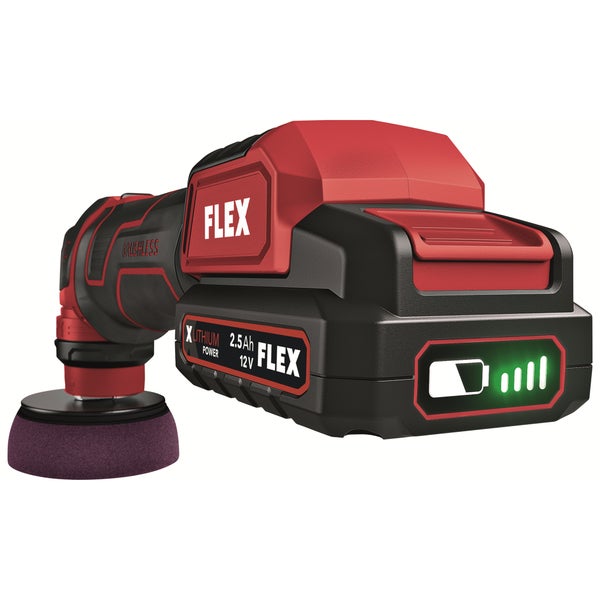 Flex Akku Poliermaschine 12 Volt mit bürstenlosem Motor und 2,5 Amperestunden Akku mit Ladestandsanzeige
