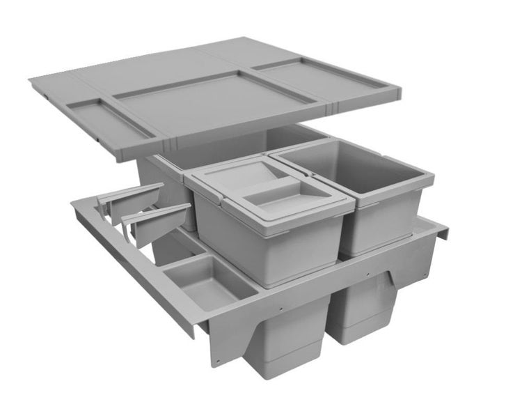 Graues Abfalltrennsystem aus Kunststoff für Küchenschubladen mit mehreren Behältern und einem stabilen Deckel.