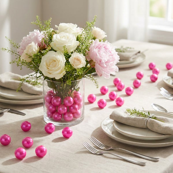 Festlich gedeckter Tisch mit einem Blumenstrauß aus weißen Rosen und rosa Pfingstrosen in einer Glasvase, dekoriert mit glänzenden Perlen.