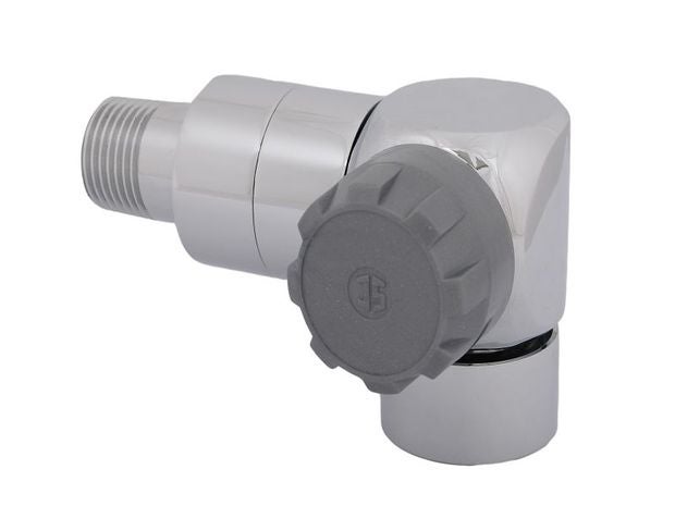 Verchromtes Heizkörperventil in Eckform mit grauem Einstellknopf aus Kunststoff und Gewindeanschluss.