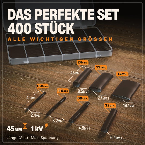 BAURIX® Schrumpfschlauch Set 400 Stück I 3:1 Schrumpfverhältnis I Schrumpfschlauch wasserdicht mit Heißkleber-Innenschicht I wasserfeste Versiegelung IP67 I Länge pro Isolierschlauch 45mm