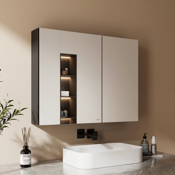 EMKE Spiegelschrank 85L x 65H x 14,5T cm, Badezimmerschrank Schwarz, 2-türig mit 3 mm kupferfreiem & rostfreiem Spiegelglas, 3 Ablagen, 105° Türöffnung, 304 Dämpfscharniere, großer Stauraum