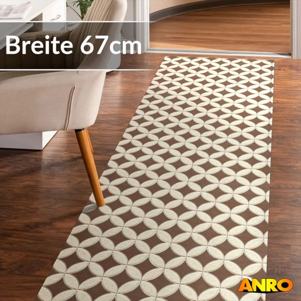 Läufer mit geometrischem Kreismuster, Breite 67 Zentimeter, auf Holzfußboden. ANRO Logo.