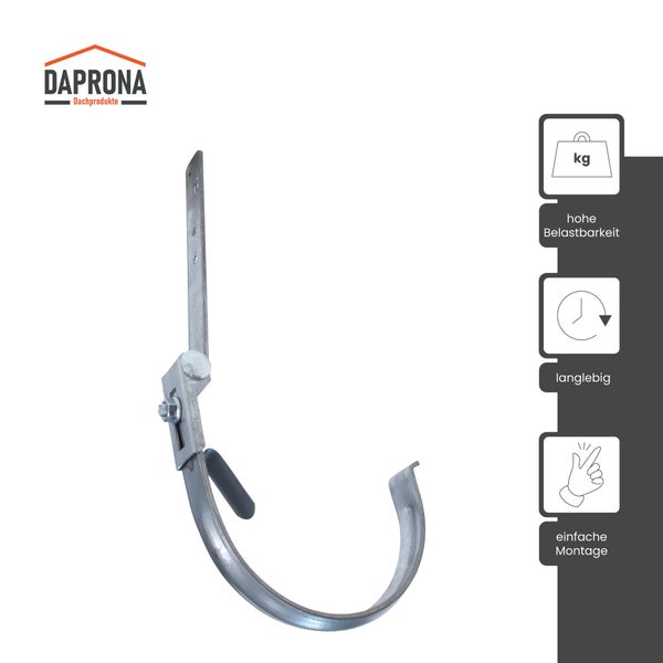 Verstellbarer Rinnenträger aus Metall von Daprona, hohe Belastbarkeit, langlebig, einfache Montage. Daprona Logo.