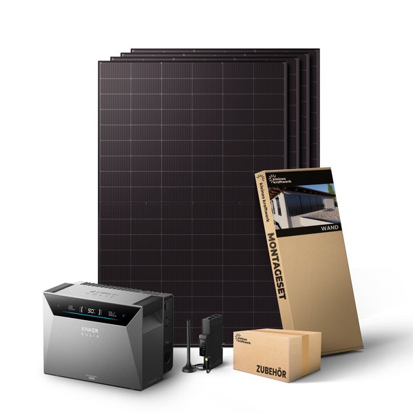 Balkonkraftwerk Komplettset mit Solarmodulen, Anker Solix Speicher, Wand-Montageset von kleines kraftwerk und Zubehör.