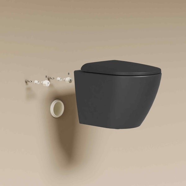 Wandhängende Toilette in Schwarz matt inklusive Toilettensitz und Montagematerial.