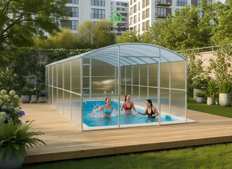 Poolüberdachung aus Aluminium und Polycarbonat in einem Garten auf einer Holzterrasse mit einem eingebauten Pool. Garten Dream Logo.